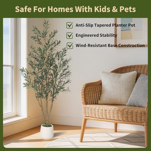 Garvee 6FT Indoor Olive Tree, Artificial Plant with Oval Planter, Lifelike Foliage and Fruits, Fake Plant for Home Decor, Office, Porch and Living Room - size: 6ft