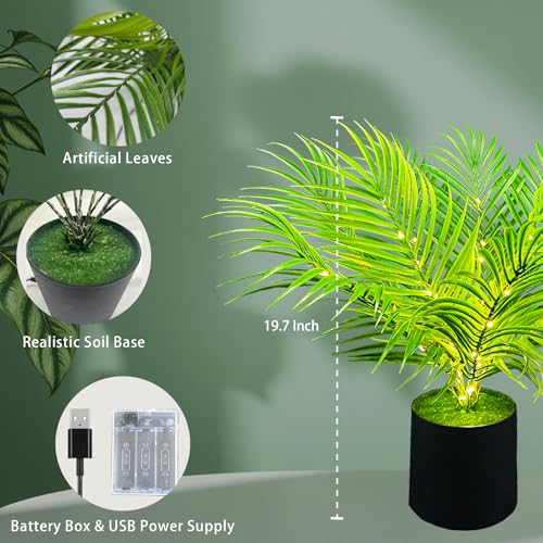 20-Inch LED Areca Palm Tree Faux Plant, USB Battery Powered | Dypsis lutescens style, USB or battery powered, Indoor home decor, Artificial tropical plant, Living room bedroom accent - color: Chrysalidocarpus Lutescens