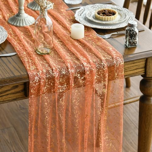 Artoid Mode Orange Gold Gauze Table Runner 120 Inch 10FT, Glitter Metallic Foil Sheer Dining Wedding Anniversary Holiday Table Decor for Home Party - color: Orange, size: 28" x 120"