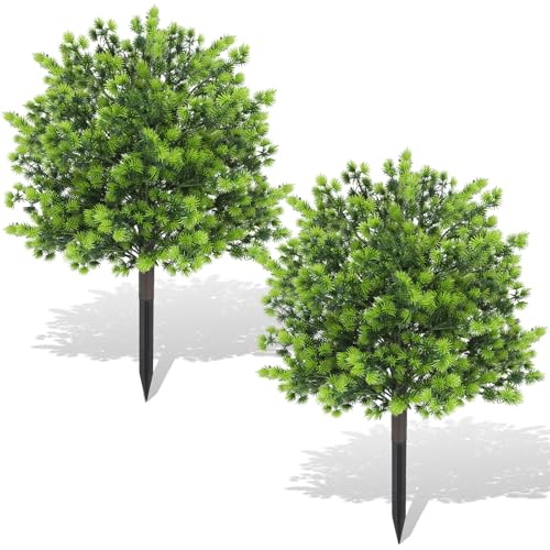 ENVEN Artificial Boxwood Topiary Ball Trees with Ground Spikes UV Resistant Faux Greenery Shrubs Fake Shrubs for Outdoors, Realistic Faux Plants Bushes for Garden Porch Yard Patio Decor (Green Pine) - color: Green Pine