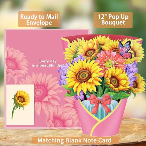 Airpark Pop Up Flower Bouquet Card for Women, 3D Floral Greeting Card with Envelope and Note, Birthday Thank You Thinking of You Get Well Gift for Mom Friend Wife Teacher, Sunflower - style: Sunflowers