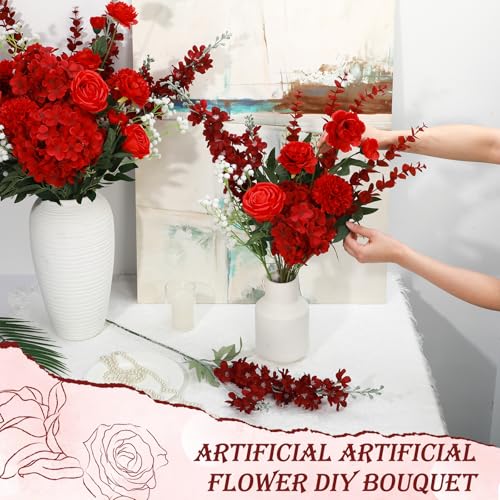 Suncalla 36 Pcs Red Artificial Flowers Bouquet Set 8 Kind Faux Delphinium Rose Peony Chrysanthemum Hydrangea Baby's Breath Florals with Greenery Long Stem for Wedding Table Vase Decor - color: Red
