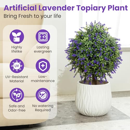 Artificial Lavender Topiary Ball Trees, 2 Pcs 23.6" Faux Lavender Bushes with 4 Ground Spikes, Fake Evergreen Plants for Home, Garden, Yard, Patio, Front Porch Decor