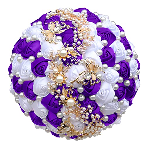 Sharebeauty 5.9 Inch Handmade Satin Rose Bridal Bouquet Toss Round Wedding Bouquet Throw Toss Artificial Flower Bunch Purple + White - color: W322g17 Purple/White, size: 5.9 inches / 15 cm