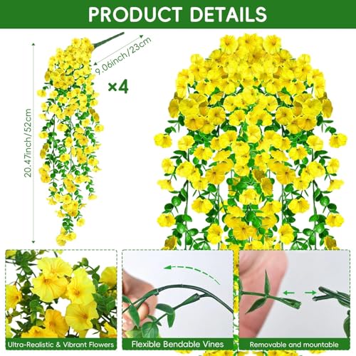 Artificial Hanging Flowers for Outdoors, 4Pcs UV Resistant Artificial Hanging Morning Glory Flowers, Spring Realistic Faux Outdoor Flower for Porch Patio Yard Garden Farmhouse Decor (Yellow) - color: Yellow