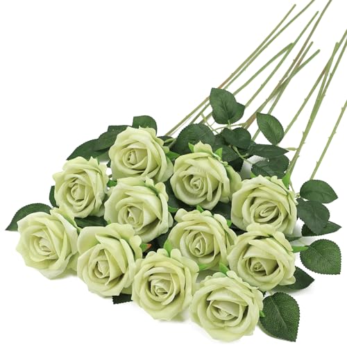 Hawesome Fake Roses Artificial Silk Flowers - 12 Pcs Green Roses Artificial Faux Flowers with Stems for Home Wedding Centerpiece Hotel Office Decor - color: Green