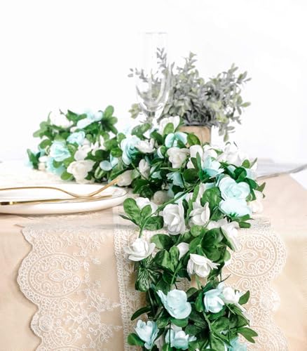 Miracliy 8Pcs 66FT Blue Flower Garland, Artificial Rose Floral Vines Fake Hanging Spring Flower Garland for Wall Backdrop Wedding Arch Tea Party Door Mantle Decoration (Each Pcs 8.2FT) - color: White&blue-8pcs