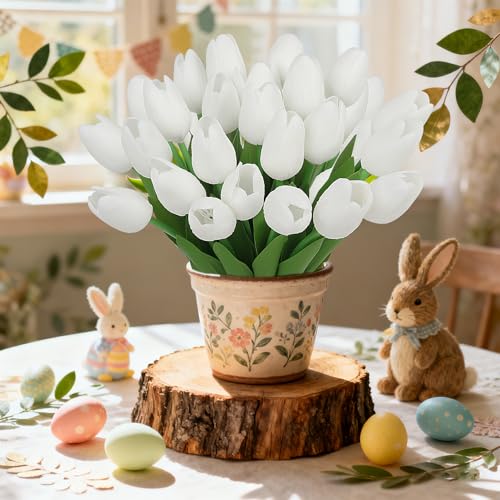 Artificial Tulips Flowers Fake Latex Tulip Stems - 30pcs Real Touch Faux Multicolor Tulips Flower for Easter Spring Wedding Bouquet Centerpiece Floral Arrangement Cemetery Table Decor - color: White 01