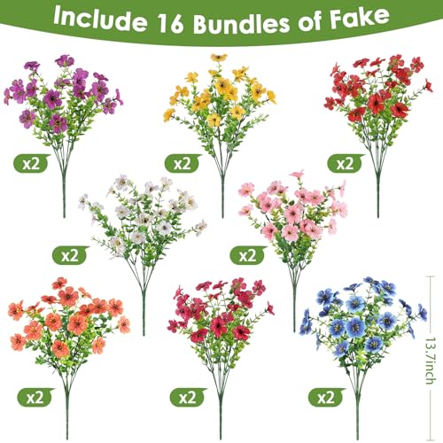 16 Bundles Artificial Flowers for Outdoors, Realistic Fake Silk Flowers for Outside, UV Resistant Faux Plants for Outdoor Planter, Hanging Basket - Porch Spring Easter Decor(8 Colors) - color: Mix 8 Colors, size: 16PCS