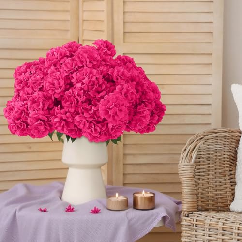 72 Pcs Hot Pink Hydrangea Artificial Flowers, Round Floral Bouquet for Home Decor, Wedding, Party, and Seasonal Decoration, Realistic Fake Flowers for Centerpieces, Aisle, Table Arrangements - color: Hot Pink