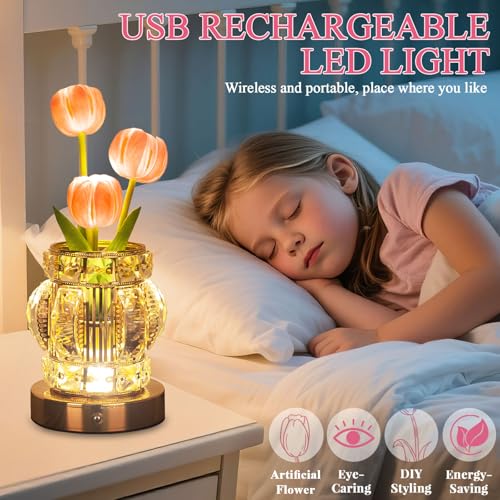 Tulip Table Lamp, Rechargeable Cordless Touch Dimming Artificial Tulip Flower Desk Lamp, LED Crystal Lamp Flower Bedside Night Light, Romantic Gifts for Girl Women Mom (Pink - Tulip) - color: Pink - Tulip