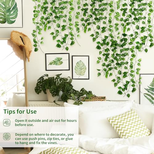 CEWOR 10 Pack Artificial Vines for Room Decor, Artificial Ivy Greenery Garland Fake Vines Hanging Plants Backdrop, Faux Green Leaves for Home Bedroom Wall Decoration - size: E-10pcs of Vines with 0 LED lights