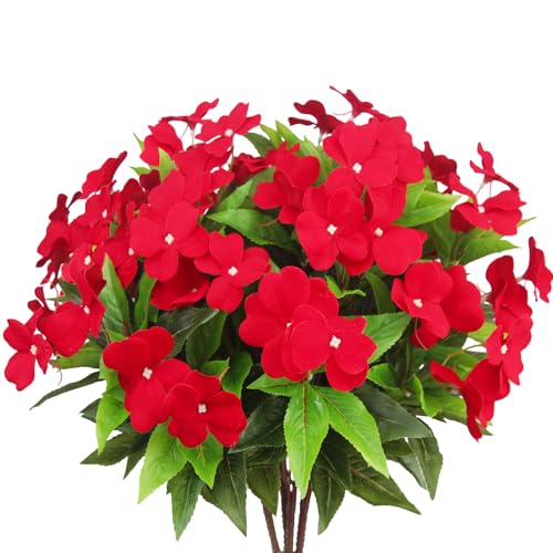 CITYES 4 Pcs Artificial Flowers Outdoor Impatiens UV Resistant Silk Impatiens Flowers Red Faux Flowers Impatiens Bushes Artificial Impatiens for Pot Patio Lawn Garden Hanging Basket Porch Decor - color: Red