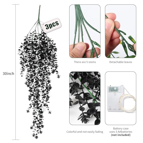 Black Hanging Flowers with Lights Faux Hanging Plants Artificial Hanging Plant Fake Greenery Faux Hanging Vines Plant for Indoor Outdoor Wedding Halloween Party Fall Wall Room Door Decor(Black) - color: Black, size: Hanging Plants With Lights