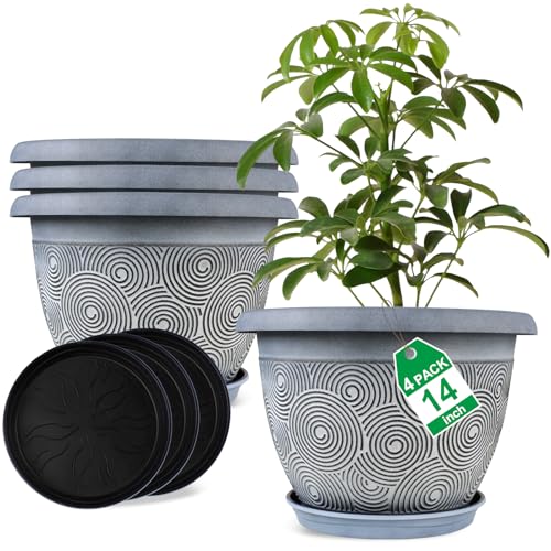 Fodetyff 14 Inch Large Planter Pot for Plants Indoor Outdoor, 4 Pack Plastic Flower Pots with Drainage Hole & Tray, Modern Decorative Garden Pot with Saucer, Plant Container for House - color: Blue, size: 14 inch-4 pack