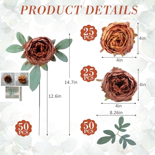 Zeyune 50pcs Artificial Peonies Flowers 4'' Fake Peonies DIY Craft Silk Flower Bulk for Home Wedding Bridal Bouquet Birthday Dining Room Table Centerpieces Backdrop Party Decor(Brown and Orange) - color: Brown and Orange