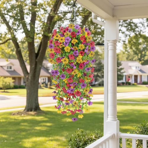 Zythrem 10Pcs Artificial Hanging Flowers for Outdoors, Faux Flowers for Outdoor Planters UV Resistant Floral Trailing Vine for Outside Front Door Balcony Patio Yard Decor - color: Colorful