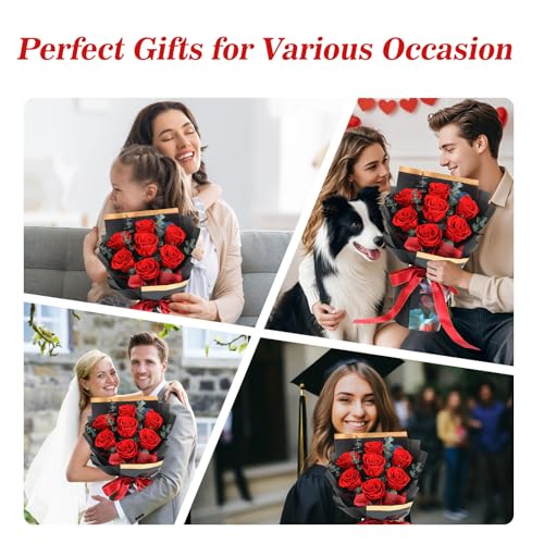 Preserved Flowers Bouquet 7 Roses, Forever Flower for Delivery Birthday Anniversary Wedding, Eternal Real Roses Bouquets with Gifts Box for Women Wife Mother Day, Red - color: Red