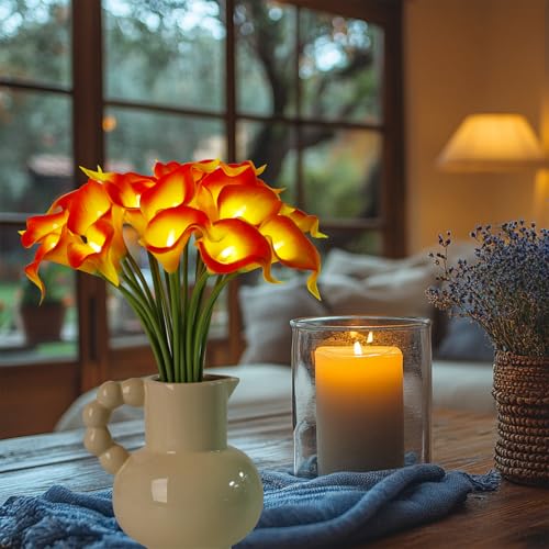 LED Lighted Artificial Flowers Calla Lily Bouquet Lamp 20 stems Real Touch Calla Faux Flower Lights for Valentine's Day Gift and Easter Home Kitchen Wedding Dining Table Decor(Orange, No Vase) - color: Orange