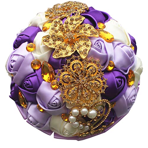 Handmade Wedding Bouquets for Bride Bridesmaid Brooch Artificial Holding Flower Tossing Bouquet（Ivory/Purple/Light Purple,24cm,1PC - color: Ivory/Purple/Light Purple, size: 24CM/9.4''
