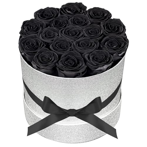 Prifroti 17 Black Flowers in Glitter Box, Birthday Gifts for Women, Preserved Flowers, Mothers Day Roses Gift for Mom - color: Black | Glitter Box, size: 17 Roses