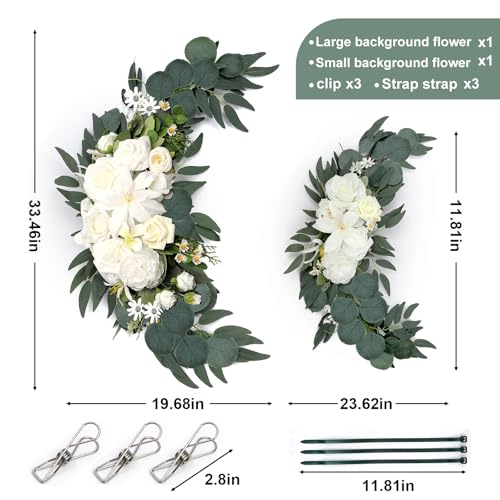 Wedding Arch Flowers 2 Pack, Artificial White Roses and Greenery Swag for Welcome Sign Decorations, Ceremony Backdrop, Reception Arch Decor - color: White