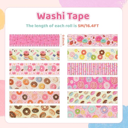 12 Rolls Donut Washi Tape Set, Candy Donuts Stars Decorative Masking Tapes, Cartoon Craft Pattern Adhesive Tapes for DIY Art Crafts Scrapbook Journal Planners Supplies Gift Wrapping 16.4Ft - color: B