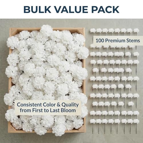 Larksilk 100 Pack Artificial Carnations - Bulk Silk Flowers for Weddings, Mother's Day, Graduations, Easter & Memorial Day - 3.5" Heads, 5" Stems, Real Touch Petals, 18 Colors Available - White - color: White, size: 100