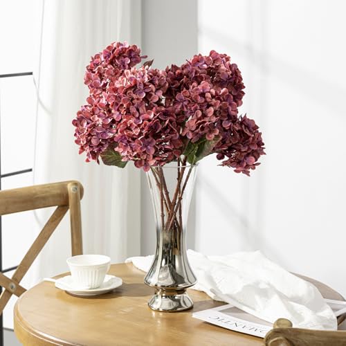 Artificial Flower Fake Silk Hydrangea Heads Bouquet with Stems Bulk for Fall Decoration Table Center Christmas Indoor Outdoor Faux Floral Realistic with Leaves Plants Crafts 8PCS(Rose red) - color: Rose Red