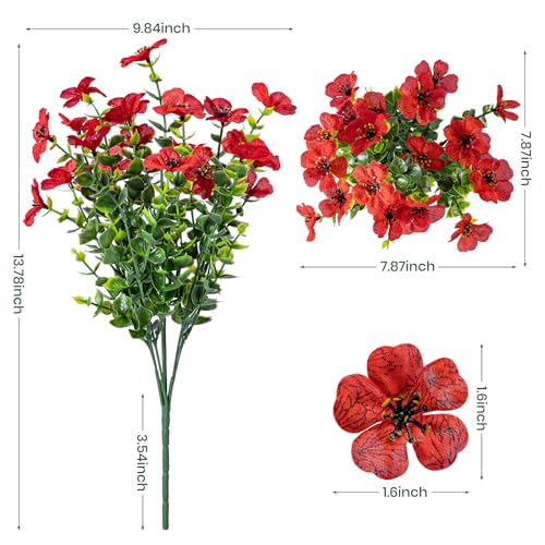 Lnoicy 20 Bundles Artificial Flowers for Outdoor Fake Plants for Spring Decoration,Faux Eucalyptus Flowers for Planter UV Resistant Lifelike for Home Porch Garden（Red） - color: Red