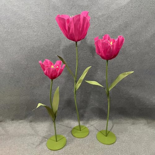 Set of 3 Giant Artificial Tulips Flowers for Decoration Wedding Reception Huge Artificial EVA Tulip Flower for Birthday Wedding Arrangements Banquet Background Decor Shop Window Display - color: Rose Red