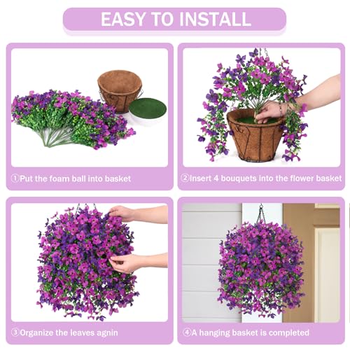 INXUGAO Artificial Hanging Flowers Plants with Basket for Outdoors, Realistic Faux Silk Daisy Flower Eucalyptus for Spring Decor, UV Resistant Fake Plants for Porch Patio Yard Balcony, Violet - color: A-violet Purple