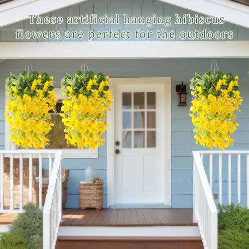 XunYee 8 Pcs Artificial Hibiscus Flowers for Outdoors Spring Summer Decor Fake Hanging Flowers Plants Uv-Resistant Faux Hibiscus Flower for Outside Porch Patio Front Door (Yellow) - color: Yellow