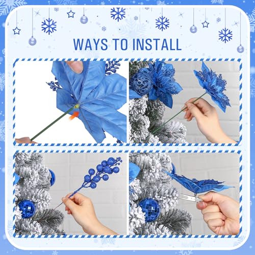 Alupssuc 24 Pieces Christmas Tree Decorations, 12 PCS Blue Poinsettia Flowers Artificial and 12 PCS Glitter Christmas Tree Picks for Christmas Decorations Party Wreath Fireplace Stairs, Blue - color: Blue