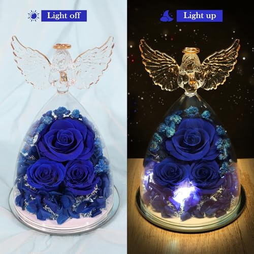 Mothers Day Flowers Gifts for Mom Flowers for Delivery Preserved Flowers Forever Real Fresh Roses in Glass Angel Figurines Birthday Gifts for Women Anniversary Present for Grandma Wife from Daughter - color: Royal Blue (Rose, Baby's Breath, Hydrangea)