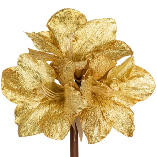 Briful Amaryllis Artificial Christmas Flower Stems, 19.7" Gold Glitter Faux Amaryllis with Detachable Heads for Xmas Home Party Wedding Bouquet Vase Arrangement Decor - color: Gold