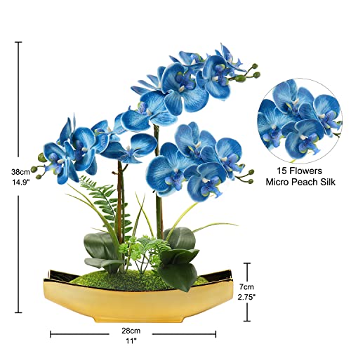 Briful Orchids Artificial Flowers 15" Blue Phalaenopsis Faux Orchid with Gold Pots Fake Orchid Fake Plant for Home Office Bedroom Christmas Table Wedding Party Decor - color: Blue#3