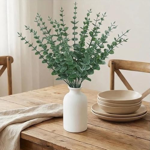 16" Artificial Eucalyptus Stems Potted Plant - Realistic Small Fake Desk Plants for Office Home Decor, Faux Plants in Frosted Ceramic Vase for Indoor Spaces, Wedding Centerpieces Table Decor（20 pcs） - color: Eucalyptus Stems