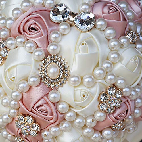 Blush Pink Bridal Wedding Bouquet with Rhinestone Brooch Pearl for Bride Bridesmaid Quinceanera Satin Rose Flower Bouquet Wedding Blush Pink and Ivory 7.1in - color: #2 Blush & Ivory, size: Diameter: 7.1 inches