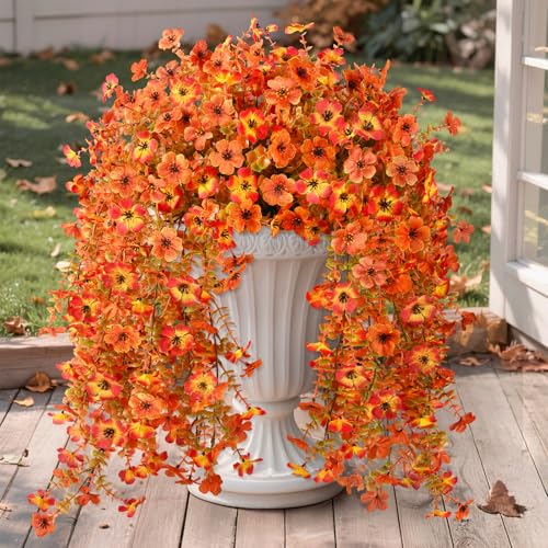 Hommyea Artificial Fall Fake Flowers for Outdoor, 2 Pcs Fake Mums Faux Hanging Flowers Outdoor Fall Decor, UV Resistant Silk Flower for Front Door Porch Planters Patio Yard Garden(Orange Sunset Red) - color: Orange Sunset Red