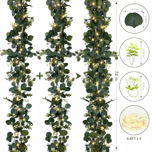 Eucalyptus Garland with Lights, 4 Packs 6FT Green Flower Garland Decor, Artificial Faux Eucalyptus Leaves Greenery Vines for Table Runner Wedding Centerpieces Backdrop Decorations (Warm Color)