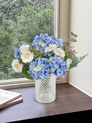 GnFlus Artificial Hydrangea Flower Stems 12PCS Blue Faux Hydrangea & Daisy Silk Flowers Realistic Fake Flowers for Vase Centerpiece Wedding Bridal Bouquet Party Home Decor - color: Hydrangea, Blue, size: 1 Pack