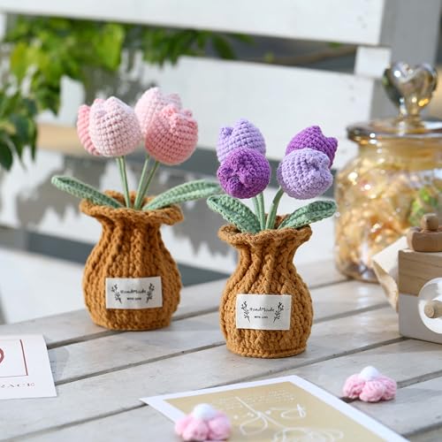 Tulip Crochet Flower Potted Plant Handmade Desk Decor Gift - color: D-tulip-pink