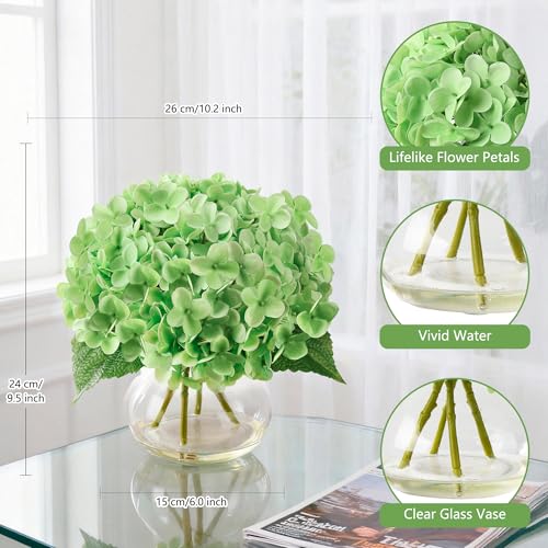 Real Touch Faux Hydrangea Flowers in Glass Vase, No Watering Needed Silk Hydrangea Artificial Flowers for Farmhouse Wedding Decor Dining Table Centerpiece Bedroom Decor - color: Light Green