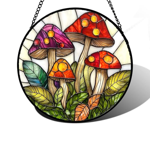 DASTOLL Stained Glass Window Hanging, Mushroom Leaves Suncatcher for Doors Home Sun Catchers Decoration and Christmas, Mother's Day Birthday Gifts for Women, Men, and Mom 7.8 in - color: Red and White, size: 7.8x7.8 IN