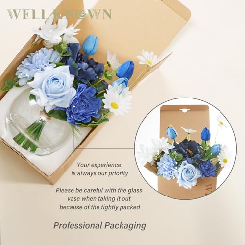 WELL KNOWN Artificial Flowers with Vase, Faux Silk Rose Tulip Flower Arrangements in Glass Vase with Fake Water for Home House Warming Party Wedding Birthday Dining Table Decor & Gift (Mixed Blue) - color: Mixed Blue