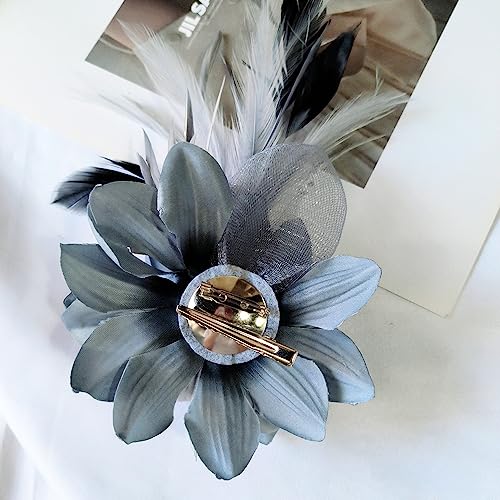 Elegant Flower Brooch for Women Wedding Party Dance Banquet Pins Feather Flower Fascinator Lady Floral Hairpins Dress Suit Lapel Pin Ceremony Accessories Corsage Brooches Vintage Jewelry Gifts - color: Grey