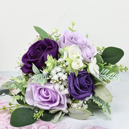 Wedding Bridesmaids Bouquet Set of 2 - Artificial Flowers Bouquets for Bridesmaid Pre-Made 7 Inch Faux Small Floral Bouquets Bridal Shower, Wedding, Ceremony, Anniversary - Purple - color: Purple, size: 2pcs