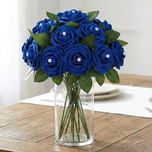 100Pcs Real Looking Royal Blue with Diamonds Artificial Rose Flower Heads, Foam Fake Roses for DIY Wedding Decorations Baby Shower Centerpieces Home Party Valentine's Day Mother's Day Decor - color: 100pcs Royal Blue With Diamonds