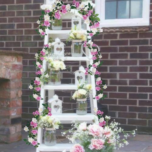 2 Pcs Artificial Flowers Garland for Outdoors Faux Gardenia Garland 12Ft Purple and White Silk Rose Hanging Vines Floral for Wedding Arch Party Wall Garden Ceremony Backdrop Fence Spring Decor - color: Purple and White